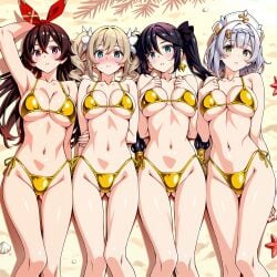 4girls ai_generated alternate_breast_size alternate_costume amber_(genshin_impact) aqua_eyes arm_behind_head arm_up armpits ass_visible_through_thighs barbara_(genshin_impact) bare_legs bare_shoulders beach bikini black_hair blonde_hair blue_eyes blush braid breasts brown_hair cleavage collarbone crossed_bangs earrings feet_out_of_frame genshin_impact gold_bikini golden_week green_eyes grey_hair groin hair_between_eyes hair_ornament hair_ribbon hand_on_own_chest hands_on_own_chest hat highleg highleg_bikini jewelry large_breasts long_hair looking_at_viewer lying medium_breasts mona_(genshin_impact) multiple_girls navel noelle_(genshin_impact) on_back parted_lips red_eyes red_ribbon ribbon sand short_hair side-tie_bikini_bottom star_(symbol) star_earrings starfish stomach string_bikini swimsuit thigh_gap thighs twintails underboob yellow_bikini