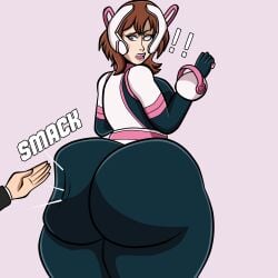 my_hero_academia boku_no_hero_academia shonen_jump 1girls female ochako_uraraka big_ass ass large_ass butt big_butt large_butt ass_focus slapping_butt slapping_ass ass_slap slap brown_hair brown_eyes clothed clothed_female spanking spanking_ass shocked offscreen_character blueartfiend