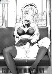 absurdres blush bra bubblebebe bubblebebe_(artist) choker female_masturbation fingering flashing greyscale highres indie_virtual_youtuber long_hair looking_at_viewer masturbation mole mole_under_eye monochrome no_panties pussy_juice school_uniform scrunchie train train_interior underwear virtual_youtuber watermark white_hair wrist_scrunchie