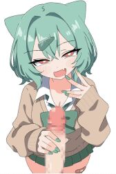 1boy 1girls animated blush bulbasaur clothed female fully_clothed fushigidane green_hair green_nails gyaru_bulbasaur gyaru_bulbasaur_(shin_no_tenpii) gyaru_fushigidane gyaru_fushigidane_(shin_no_tenpii) handjob looking_at_viewer nintendo personification poco_a_pokemon pokemon red_eyes
