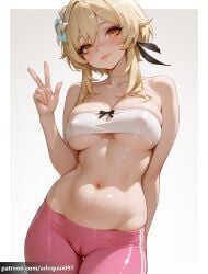 ai_generated arlequin097 lumine_(genshin_impact) genshin_impact mihoyo 1girl solo breasts looking_at_viewer blush smile simple_background large_breasts blonde_hair hair_ornament white_background navel hair_between_eyes closed_mouth cleavage bare_shoulders collarbone yellow_eyes flower sidelocks cowboy_shot alternate_costume pants hand_up midriff hair_flower stomach covered_nipples lips head_tilt strapless bare_arms v skindentation underboob cameltoe thigh_gap white_flower feathers short_hair_with_long_locks patreon_username arm_behind_back bandeau feather_hair_ornament tube_top w tight_clothes yoga_pants pink_pants
