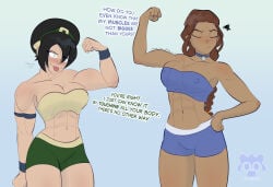2girls :p abs asian_female avatar_the_last_airbender blind blush boyshorts comparing_muscles confident cute dark-skinned_female dark_skin dialogue english_text evil_raccoon female female_only fit_female flexing flexing_bicep flirting friends frustrated horny_female imminent_yuri katara light-skinned_female long_hair multiple_girls muscle_mommy muscles muscular muscular_female nickelodeon nipple_bulge pale_skin playful showing_off six_pack speech_bubble sports_bra standing teasing text the_legend_of_aang tomboy toned_female tongue tongue_out toph_bei_fong workout_clothes