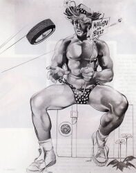 1boy bara bulge converse dotted_underwear english_text flower gay harry_bush improvised_underwear male male_only monochrome muscular nipples original sign simple_background sneakers solo straw_hat suitcase surprised tan_skin text tire traditional_media underwear vein veiny_muscles white_background yaoi