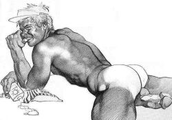 1979 1boy ass balls big_ass blonde_hair erection gay happy harry_bush male male_only monochrome muscular nipples original penis simple_background solo sunscreen tan_skin tanline traditional_media visor white_background yaoi