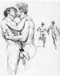 4boys ass balls flaccid gay harry_bush kissing male male_only monochrome muscular original penis pubic_hair running simple_background tan_skin traditional_media white_background yaoi