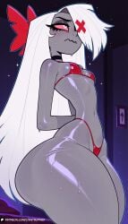 1girls ai ai-created ai_art ai_generated arms_behind_back artist_logo black_choker black_hair black_lips black_nails blush_body breasts breasts_bigger_than_head buttons choker entrophex123 from_below from_side giant_ass giant_breasts gigantic_ass gigantic_breasts gradient_background gradient_sclera grey_body grey_skin hair_over_one_eye half-closed_eyes high_quality high_resolution huge_ass huge_breasts large_ass large_breasts long_eyelashes long_hair looking_at_away micro_bikini patreon patreon_artist patreon_link patreon_logo patreon_reward patreon_url patreon_username pink_sclera red_micro_bikini red_ribbon ribbon_in_hair slit_pupils sweat tight_clothing vaggie vaggie_(hazbin_hotel) watermark white_eyes white_hair x_eyes