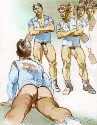 11boys 6+boys ass back_view balls baseball_cap big_ass black_hair blonde_hair brown_hair coach crossed_arms english_text flaccid flower gay gradient_background grass harry_bush male male_only multiple_boys original paddle penis pubic_hair simple_background spanking_paddle standing tan_skin tanline text text_on_clothing traditional_media yaoi