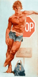 1boy bag blonde_hair blue_eyes bulge fluffy_hair gay harry_bush heart_necklace light_skin looking_at_viewer male male_only muscular necklace nipples original penis penis_through_leghole pubic_hair shorts sign simple_background solo stop_sign tan_skin tanline text torn_shorts traditional_media yaoi