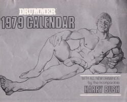 1979 1boy abs balls calendar_(medium) circumcised circumcision_scar dated drummer_(gay_magazine) english_text flaccid gay harry_bush male male_only monochrome muscular nipples original penis pose relaxing simple_background solo text traditional_media white_background yaoi
