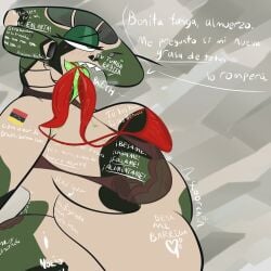 aeromorph after_vore aircraft ambiguous_gender ambiguous_prey ambiguous_vore anthro belly big_belly big_breasts body_writing breast_squish breasts camo camo_print clothed clothing dialogue digestion_implied digestion_noises discarded_clothing fatal_vore female hi_res huge_belly huge_breasts huge_hips huge_thighs humor iconictm lingerie living_aircraft living_machine living_vehicle looking_pleasured machine open_mouth portuguese_text rumbling_stomach sharp_teeth side_view skimpy solo spanish_text squeezing squish standing steamy_breath teeth text thick_thighs tight_clothing tongue tongue_out vehicle venezuelan_flag voraz_(iconictm) vore wide_hips