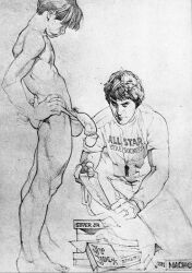 2boys ass book bulge clothed_male_nude_male engagement_ring english_text flaccid gay harry_bush jockstrap kneeling male male_only monochrome muscular nipples original penis pubic_hair ring text text_on_clothing text_on_shirt traditional_media trying_on_clothes whistle whistle_around_neck yaoi