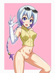 blush breasts cute_fang digimon digimon_(species) digimon_xros_wars erect_nipples female gatomon heigako long_gloves personification purple_eyes pussy sunglasses tailmon v white_hair