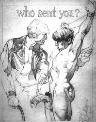 2boys angel_wings arms_up arrow_(weapon) ass balls cupid cupid's_arrow english_text gay half-erect harry_bush leather male male_only monochrome muscular nipples original penis pubic_hair text tied tied_hands traditional_media valentine's_day whip wings yaoi
