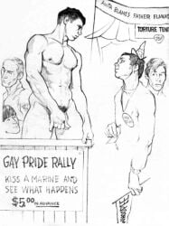 5boys english_text gay harry_bush male male_only monochrome muscular nipples original outdoors pride_month pubic_hair text traditional_media yaoi