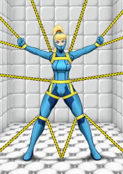 ball_gag bdsm blonde_hair bondage bondage_hood bound fit_female gag gagged gimp_mask gwen_hood hood latex_clothing latex_hood leather_straps metroid muzzled padded_cell padded_room samus_aran straps suichitanaka zero_suit zero_suit_samus