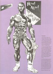 1967 1boy abs bulge converse english_text footwear french_text gay harry_bush male male_only monochrome muscular nipples oiled_skin original pants_removed purple_background simple_background socks solo tan_skin text thong traditional_media translation_request vein veiny_muscles yaoi