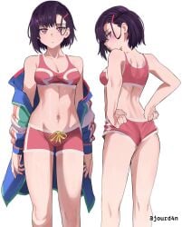 1girls solo female_only female female_focus short_hair elbows collarbone shoulders fingers fingernails cleavage medium_breasts breasts midriff belly navel belly_button thighs knees groin slim_waist slim_female narrow_waist slender_waist slender_body lean_figure wide_hips white_background simple_background upper_body highres high_resolution standing parted_bangs looking_at_viewer digital digital_media digital_art digital_drawing digital_media_(artwork) digital_drawing_(artwork) 2d 2d_(artwork) 2d_artwork drawing black_hair black-haired_female pink_eyes pink-eyed_female white_pupils emotionless blank_eyes blank_stare blank_expression neutral_expression bored bored_expression tilted_head head_tilt looking_back looking_back_at_viewer hairclip hair_clip petite petite_body petite_female petite_girl petite_breasts petite_tits average_breasts adult adult_female mature_female mature back median_furrow shoulder_blades ass butt ass_cleavage ass_crack thigh_gap kneepits inguinal_crease inguinal_ligament stomach linea_alba fit_female sports_bra sports_bikini sports_panties shorts pink_shorts bra pink_bra jourd4n bare_skin bare_shoulders bare_hands bare_midriff bare_belly bare_navel bare_hips bare_back bare_thighs bare_legs bare_knees curvy curvy_figure curvy_body curvy_female curvy_hips exposed_skin exposed_shoulders exposed_midriff exposed_belly exposed_navel exposed_hips exposed_back exposed_thighs exposed_legs curvaceous curvaceous_figure curvaceous_body curvaceous_female curvaceous_hips voluptuous voluptuous_figure voluptuous_body voluptuous_female voluptuous_woman zom_100:_zombie_ni_naru_made_ni_shitai_100_no_koto mikazuki_shizuka jacket coat open_jacket open_coat top_view front_view from_front rear_view back_view behind_view from_behind viewed_from_behind multiple_views