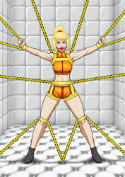 suichitanaka metroid samus_aran latex_clothing padded_room padded_cell bdsm blonde_hair straps leather_straps bound bondage fit_female ball_gag gagged gag