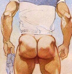 1boy actor ass back_view balls big_ass gay gradient_background harry_bush male male_only muscular original real_person simple_background solo tan_skin traditional_media willie_aames yaoi