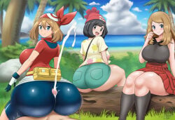 1boy 3girls ai_generated ass ass_hanging_out ass_hanging_out_of_shorts assjob big_ass big_breasts big_butt booty_shorts breasts buttjob censored_penis covered_assjob covered_buttjob cum cum_on_ass female femdom grinding_on_ass grinding_on_penis grinding_penis_on_ass hotdogging huge_ass male may_(pokemon) nintendo penis pokemon short_shorts shorts smile