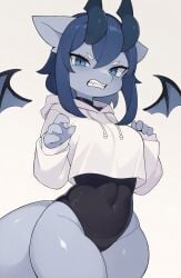 4_fingers ai_edit ai_generated angry_face anthro big_breasts blue_body blue_eyes blue_hair blue_horn blush bodily_fluids breasts choker claws clothing collarbone crop_top cropped_hoodie disembodied_wings dragon exposed_thighs eyebrows female fingers hair hi_res horn jewelry leotard litee navel necklace pulling_clothing shirt smile solo sweat tail thick_thighs topwear underboob white_eyebrows
