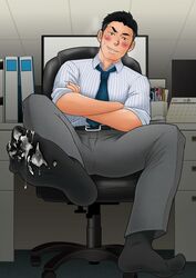 1boy bara black_hair blush blushing cum cum_on_feet feet foot_fetish formal male male_only naughty_face office original otoufu_oishii pants partially_clothed public socks soles steam suit sweat