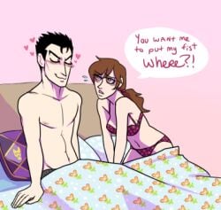 1boy 1girl arm_support bed black_hair blanket blush boxers bra breasts brown_eyes brown_hair closed_eyes couple diamond_is_unbreakable english_text flying_sweatdrops heart hetero jojo's_bizarre_adventure kosaku_kawajiri long_hair looking_at_another male_underwear medium_breasts meme navel on_bed panties pillow polka_dot polka_dot_bra polka_dot_panties ponytail print_bra print_panties purple_bra red_bra red_panties shinobu_kawajiri short_hair sitting smile tagme_(artist) topless_male under_covers underwear underwear_only yoshikage_kira
