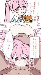 1boy 1girls 2koma angry blowjob blue_archive blush burger face_fucking fellatio female food hamburger koyuki_(blue_archive) light-skinned_female light-skinned_male light_skin looking_at_viewer mikotyuso millennium_science_school_student oral pink_eyes pink_hair seminar_(blue_archive)
