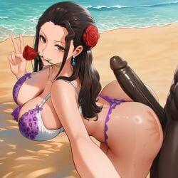 enmaai 2026 highres absurd_res ai_generated self_upload one_piece viola_(one_piece) black_hair long_hair flower_in_hair earrings amber_eyes rose flower_in_mouth beach day ocean_background purple_bra purple_panties large_breasts breasts thick_thighs thick_ass large_ass large_penis thick_penis ass_marks selfie outstretched_arms looking_at_viewer penis_out penis_on_ass light_skin light-skinned_female male female dark_skin dark-skinned_male interracial 1girls 1boy 1boy1girl toned_male hourglass_figure hourglass_figured_female arched_back peace_sign