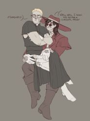 source_request request hellsing alucard_(hellsing) cry_ptidd alexander_anderson hierophilia garters garter_straps lingerie socks cassock arms_crossed male_only male/male gay red_hat red_cloak sunglasses glasses gloves scars blonde_hair grumpy boots vampire priest
