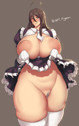 ahoge areolae blush breasts breasts_out brown_eyes brown_hair censored clothing curvy dress dress_lift female huge_breasts large_areolae large_breasts long_hair looking_at_viewer nipples oh_my_goddess! plump pussy skirt_lift skuld smile solo stockings sweat thick_thighs thighhighs waterproof-pigeon wide_hips