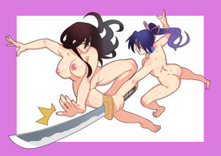 2girls ass breasts catfight choker fighting hair_ribbon katana kousaka_shigure lolik mikumo_kushinada multiple_girls nude pussy ribbon shijou_saikyou_no_deshi_ken'ichi sword tiptoes weapon