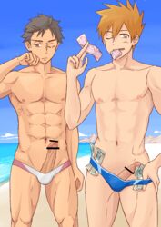 2boys 7:10 abs beach blue_oak censored condom erection gay human human_only invitation male male_only mochiame money muscle muscular nintendo ocean outdoors outside penis pokemon pokemon_sm prostitution public_topless red_(pokemon) sand smile swimsuit topless topless_male undressing veins veiny_penis yaoi