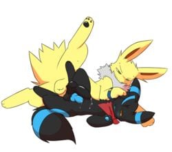 2boys 3_toes alternate_color animal_genitalia animal_penis big_penis black_penis blue_penis canine_penis cum cum_on_partner cum_on_self eeveelution feet feral furry furry_only gay half-closed_eyes interspecies jolteon knot leg_up male male_only miau nintendo no_humans on_side paws penis pokémon_(species) pokemon pokemon_(species) pokemon_rgby scarf shiny_pokemon simple_background testicles toes umbreon video_games yaoi