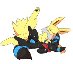 2boys 3_toes alternate_color animal_genitalia animal_penis big_penis black_penis blue_penis canine_penis cum cum_on_partner cum_on_self eeveelution feet feral foot_fetish foot_lick furry furry_only gay half-closed_eyes interspecies jolteon knot leg_up licking male male_only miau nintendo no_humans on_side paws penis pokémon_(species) pokemon pokemon_(species) pokemon_rgby scarf shiny_pokemon simple_background testicles toes tongue tongue_out umbreon video_games yaoi