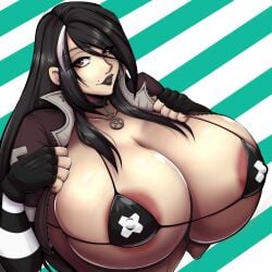 big_breasts black_hair black_lipstick breasts busty female female_focus female_only fingerless_gloves goth large_breasts lipstick long_hair makeup presenting_breasts shadney_shadowrunner solo_female stripes_(devil_hs) tagme