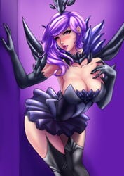 blush breasts clothing elbow_gloves elementalist_lux elementalist_lux_dark female league_of_legends legs_together long_hair lord_dominik luxanna_crownguard open_mouth purple_eyes purple_hair skirt solo thighhighs wide_hips