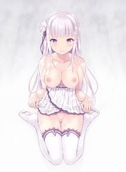 1girls cait emilia_(re:zero) functionally_nude nipples nopan pointy_ears pussy re:zero_kara_hajimeru_isekai_seikatsu skirt_lift thigh_gap thighhighs topless uncensored