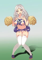 absurdres areolae beatrice_(crusaders_quest) blush breasts cheerleader crusaders_quest female full_body grey_eyes highres lactation large_breasts leaning_forward long_hair looking_at_viewer nipples open_mouth pom_poms pussy_juice silver_hair smile solo standing thighhighs torn_clothes vibrator vibrator_in_thighhighs