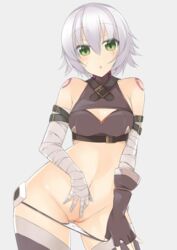 arm_wrap assassin_of_black bandage bandaged_arm black_boots black_gloves black_legwear black_panties blush boots breasts cowboy_shot eyebrows_visible_through_hair fate/apocrypha fate_(series) female gloves green_eyes grey_hair hair_between_eyes jack_the_ripper_(fate/apocrypha) looking_at_viewer lowleg lowleg_panties midriff navel nipples open_mouth panties panty_pull petite pussy sasakura scar scar_across_eye scar_on_cheek shadow short_hair small_breasts solo standing stomach thighhighs topless uncensored underwear