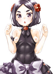 black_hair blush breasts breasts_out collarbone female flower hair_flower hair_ornament looking_at_viewer nipples no_bra open_mouth princess_principal purple_eyes shiromitsu_suzaku simple_background small_breasts solo sweat toudou_chise white_background