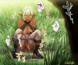 blonde_hair blonde_pubic_hair blush breasts cleavage clothing dark_elf dark_skin elf green_eyes haidara highres original panties panties_around_knees peeing pointy_ears pubic_hair surprised tan thighhighs urinating urination urine