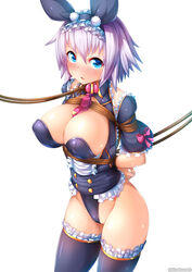 animal_ears arms_behind_back blue_eyes blush bondage bondage bound breasts bunny_ears bunny_girl bunnysuit cleavage commentary_request female futo_momo_(dskn) highres large_breasts looking_at_viewer ooyama_kina open_mouth purple_hair school_swimsuit short_hair solo swimsuit thighs tied_up