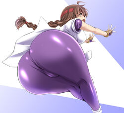 ahoge ass braid breasts brown_eyes brown_hair cameltoe dat_ass female fingerless_gloves from_behind gloves headband hip_attack huge_ass king_of_fighters large_ass large_breasts long_hair looking_back open_mouth ryuuko_no_ken shiny shiny_clothes sideboob single_braid snk solo spandex thick_thighs thighs tonpuu very_long_hair wide_hips yuri_sakazaki