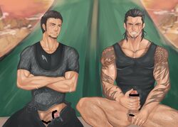 2boys bara body_hair censored cor_leonis cum erection final_fantasy final_fantasy_xv gladiolus_amicitia male male_only masturbation outdoors penis scar tagme tattoo tsubaki1961