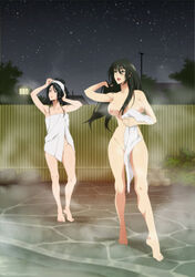 2girls areolae bathhouse black_eyes black_hair breasts brown_eyes female female_only history's_strongest_disciple_kenichi large_breasts long_hair matsonya_(artist) mikumo_kushinada multiple_girls night nipples nude onsen parted_lips public_bath shigure_kousaka smile standing towel