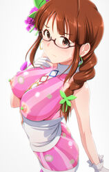 akizuki_ritsuko ass bangs bodypaint braid breasts closed_mouth collarbone commentary_request earrings eyebrows_visible_through_hair female flower from_side glasses gloves grey_background hair_flower hair_ornament hair_over_shoulder hand_on_own_chest heart_pasties hips idolmaster jewelry long_hair looking_at_viewer medium_breasts nipples no_bra no_panties painted_clothes pasties revealing_clothes semi-rimless_glasses simple_background solo sweatdrop tengu_(tetuo_kun) tetuo_kun white_gloves