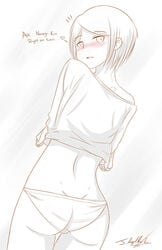 ass blush danganronpa danganronpa:_trigger_happy_havoc danganronpa_1 female_only monochrome mukuro_ikusaba neolink077 panties shirt_lift short_hair smile spoken_heart straight_hair stripping text