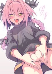 1boy astolfo_(fate) ball_heart black_shirt blonde_hair bulge erection erection_under_clothes fate/apocrypha fate_(series) femboy heart heart-shaped_testicles heart_hands highres looking_at_viewer male_focus naked_shirt penis pink_hair shirt simple_background smile solo trap white_background wisespeak yellow_eyes