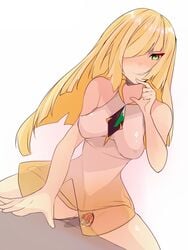 1girls aether_foundation bare_shoulders blonde_hair blush breasts dress erect_nipples female green_eyes human long_hair looking_at_viewer lusamine_(pokemon) masturbation mature milf nintendo obybuss poke_ball pokemon pokemon_sm pussy_juice sleeveless sleeveless_dress smile solo very_long_hair wet